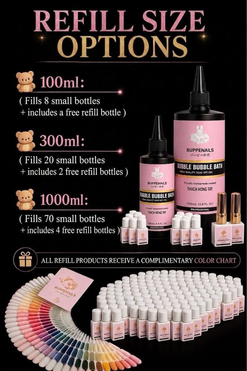 BUPBENAILS refill size options 100ml 300ml 1000ml with free refill bottles and complimentary colour chart
